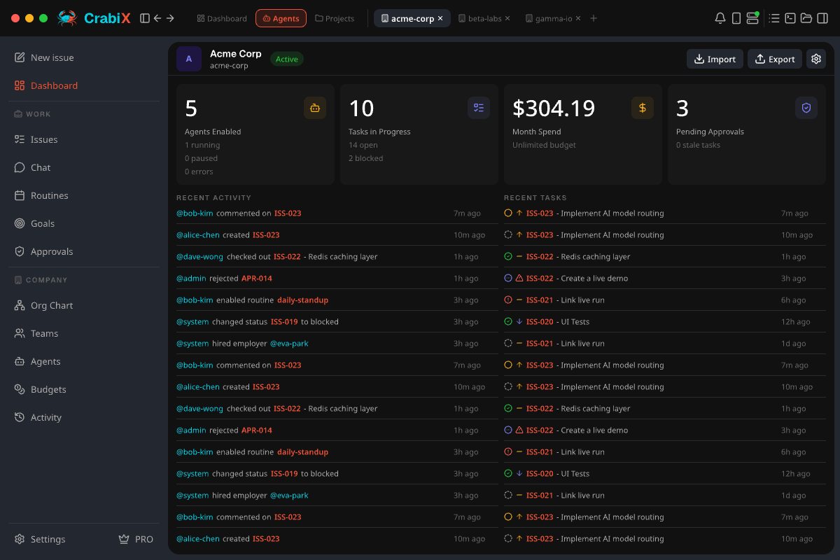 CrabiX agents dashboard