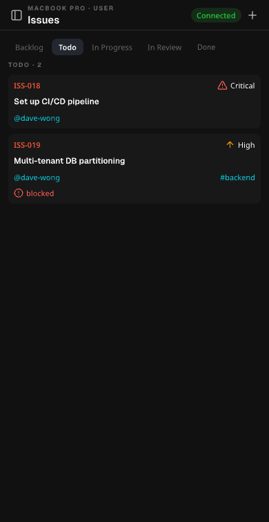 CrabiX mobile — issues board synced from the desktop