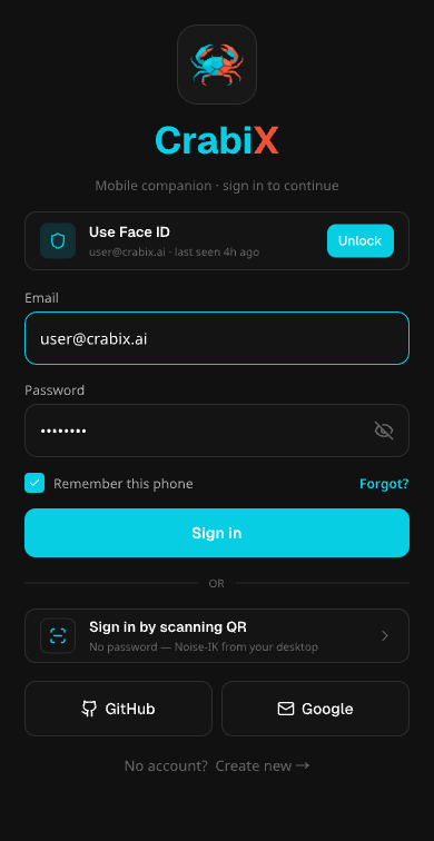 CrabiX mobile companion — sign in